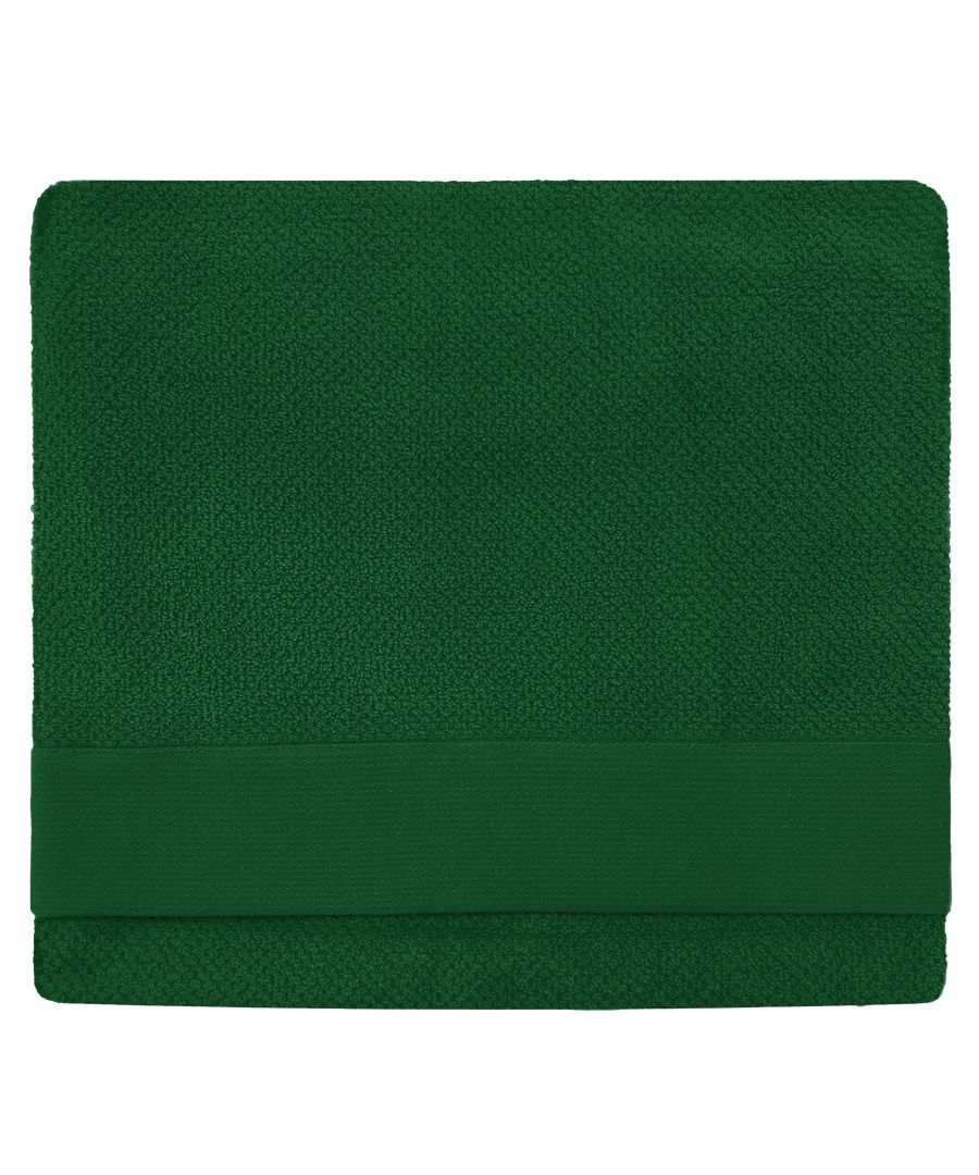 Textured green towel featuring a woven design and a solid green band at one end, made from soft, absorbent material.