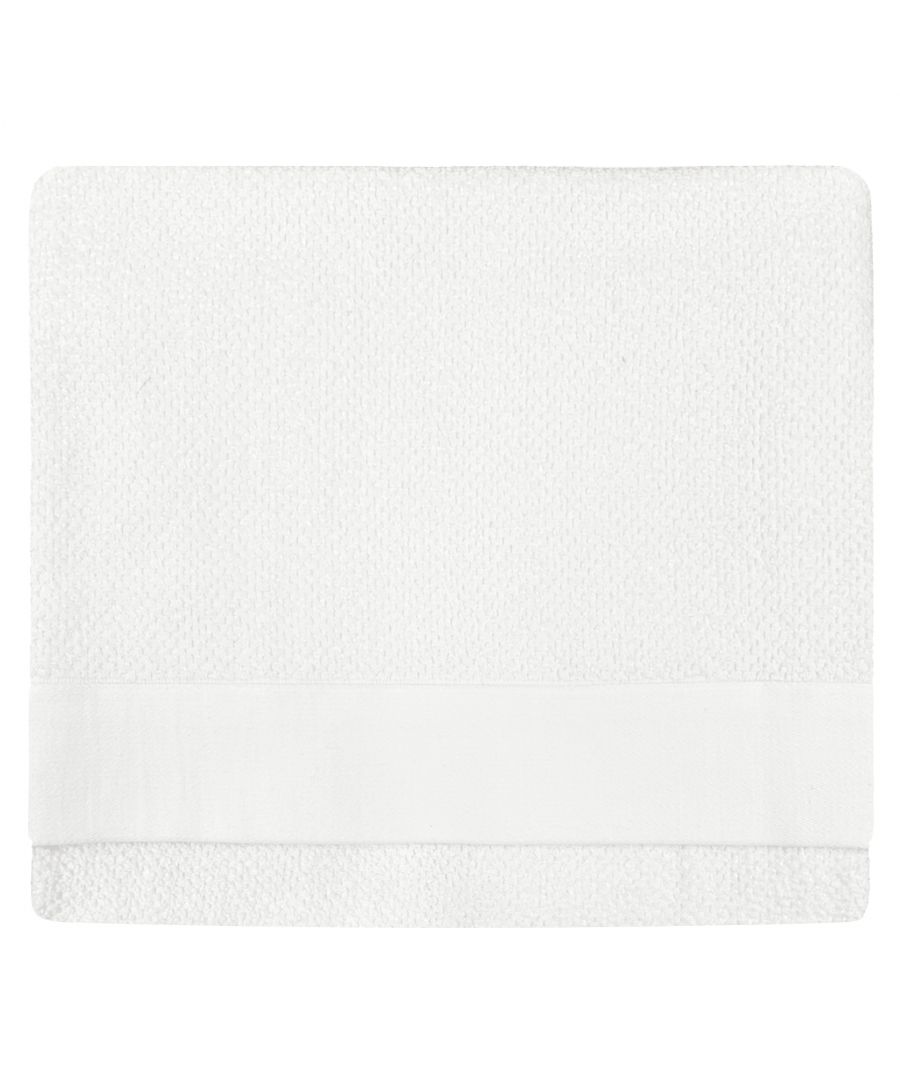 Textured white cotton bath sheet featuring a woven design and a smooth, solid band at one end, measuring one size.