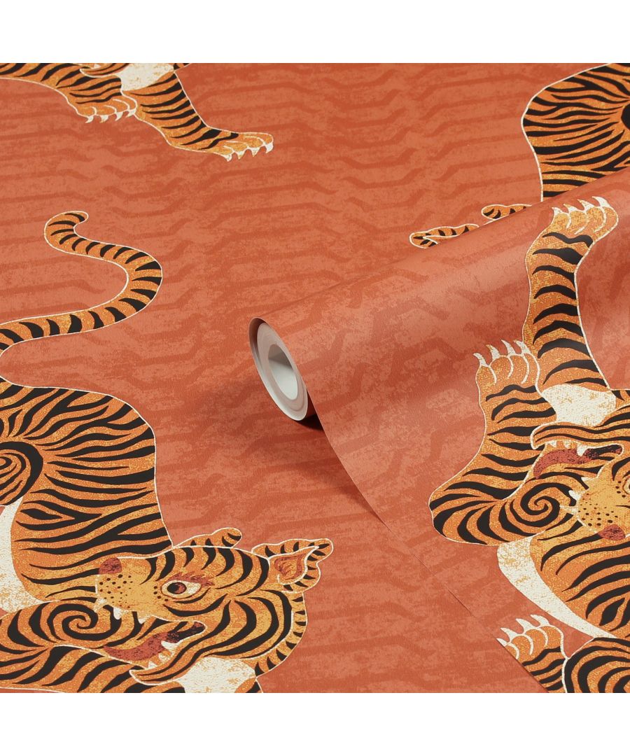 Tibetan tiger tribal printed wallpaper in coral, featuring bold orange and black tiger designs on a textured background with subtle stripes.