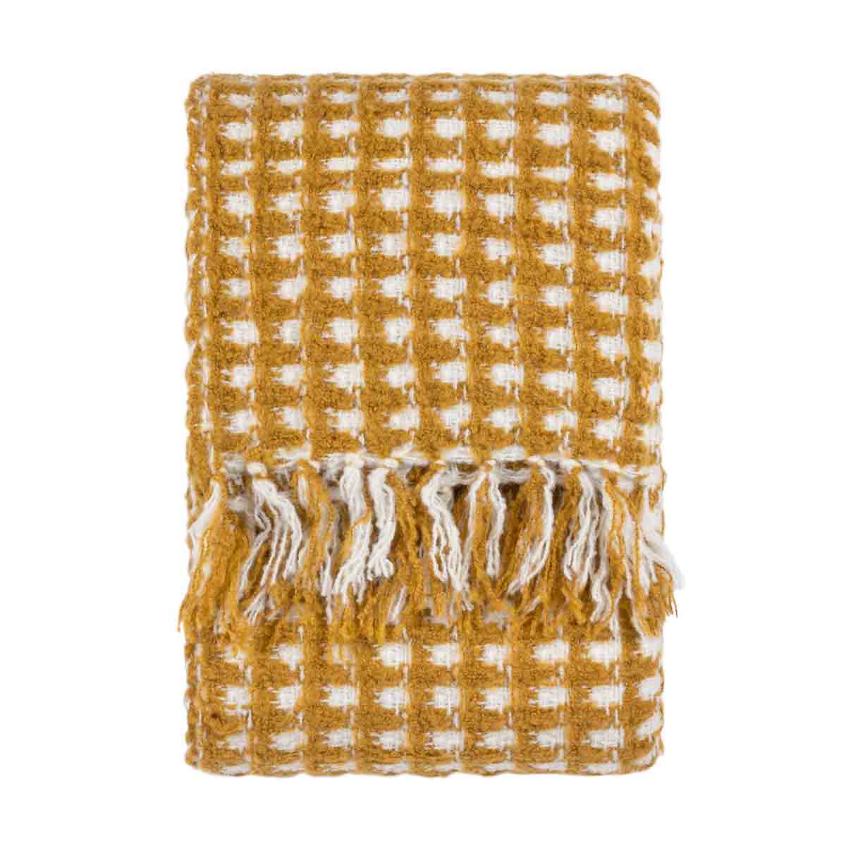 Cozy yellow waffle throw blanket with a textured pattern and white fringed edges, perfect for adding warmth and style to any space.