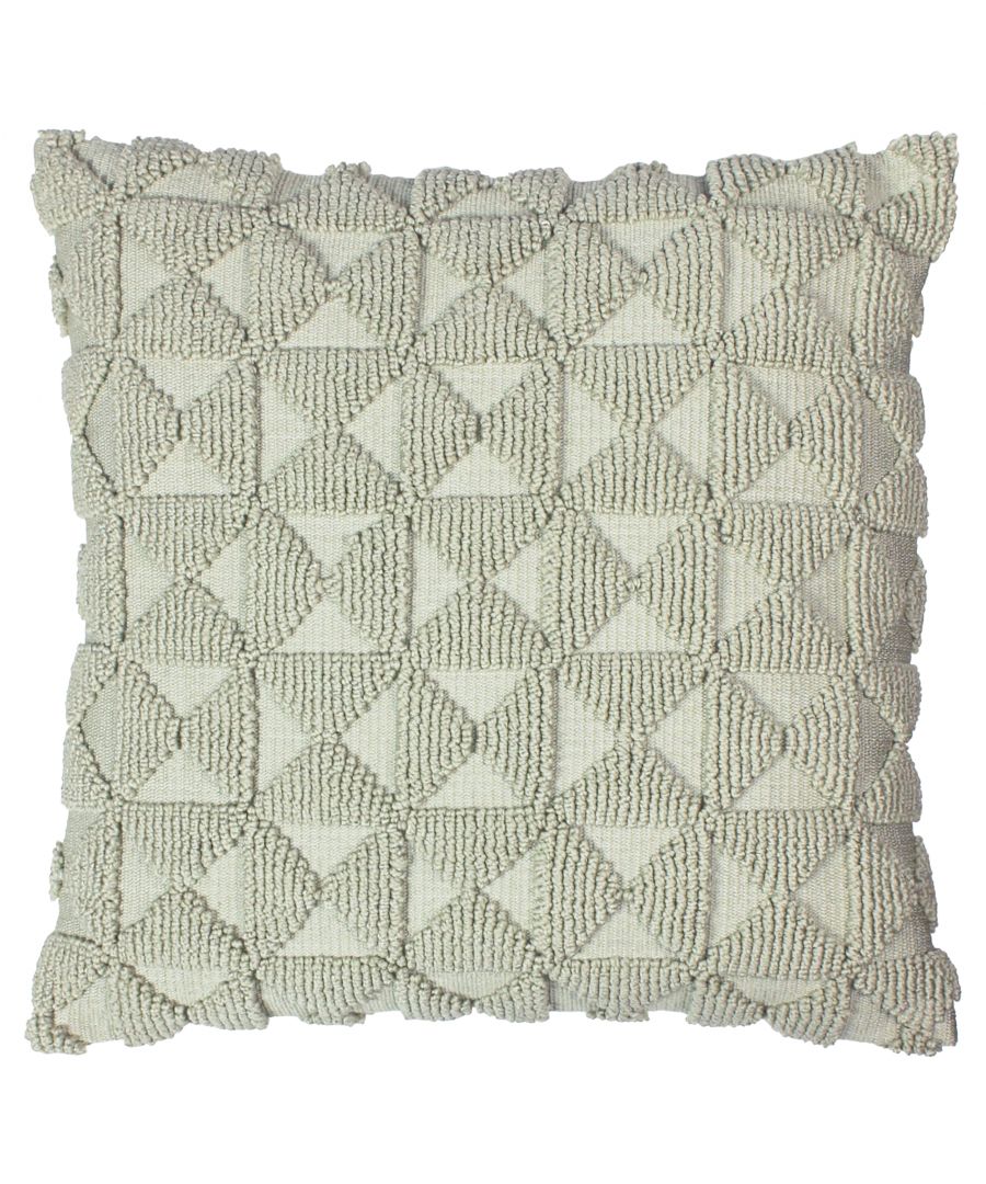 Taupe cotton cushion measuring 45 cm x 45 cm, featuring a textured geometric pattern with raised triangular shapes and a ruffled edge.