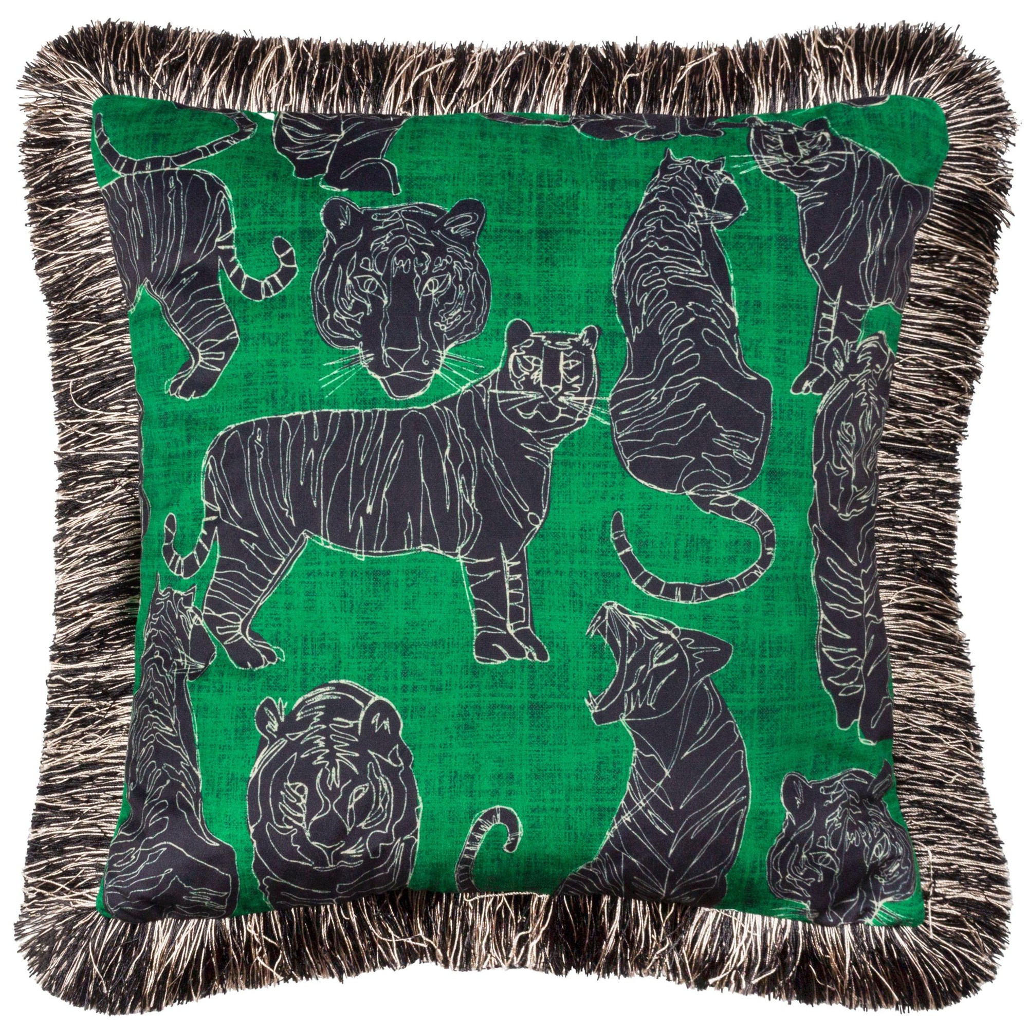 Dark green cushion featuring black wildcat illustrations, with a textured fringe border, measuring 45cm x 45cm, designed for a bold decorative touch.