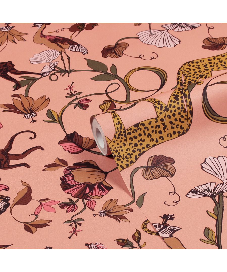 Tropical printed wallpaper featuring a blush background with exotic flowers, vines, and animal motifs, including a leopard, in vibrant colors and intricate designs.