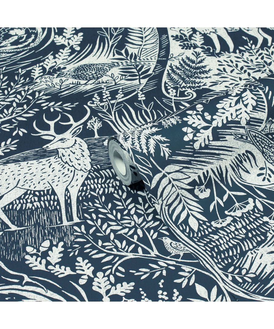Winter Woods animal printed wallpaper in blue featuring white illustrations of deer, birds, and foliage on a textured background.