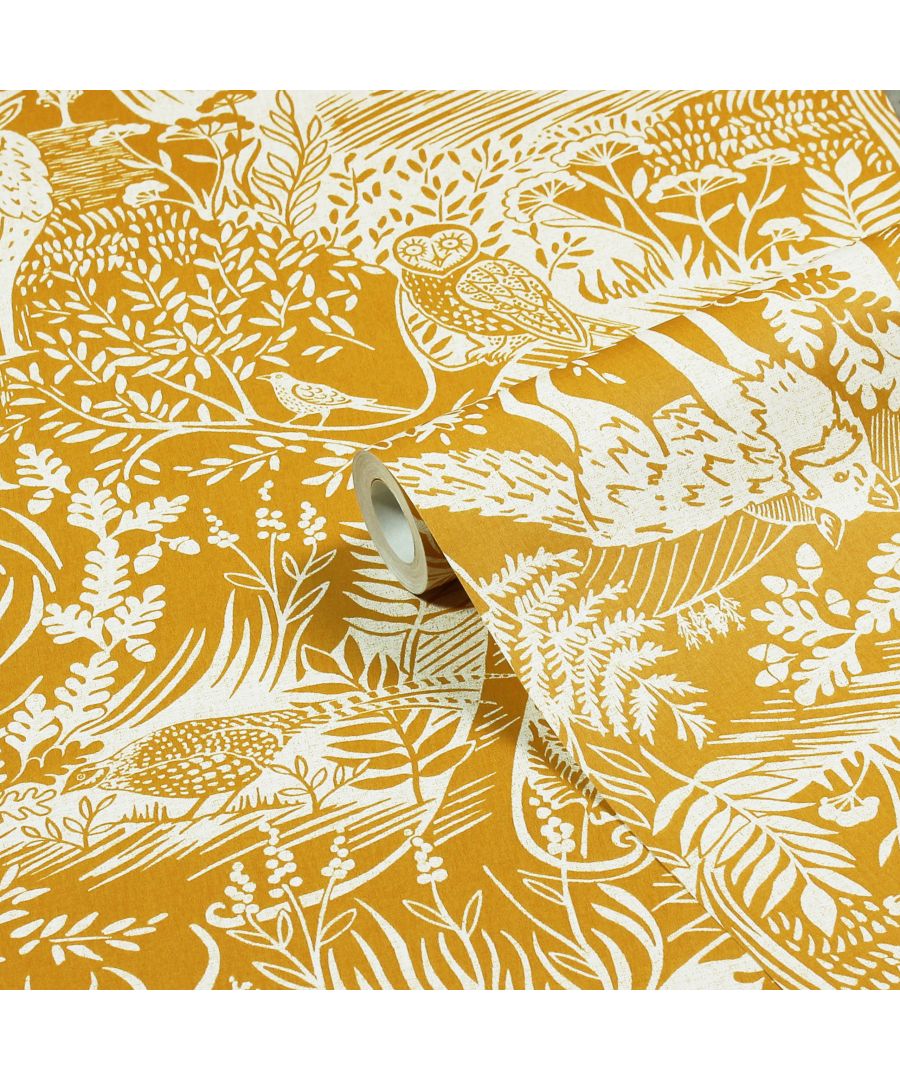 Yellow animal printed wallpaper featuring intricate white illustrations of woodland animals and foliage, rolled and partially unrolled to display the design.