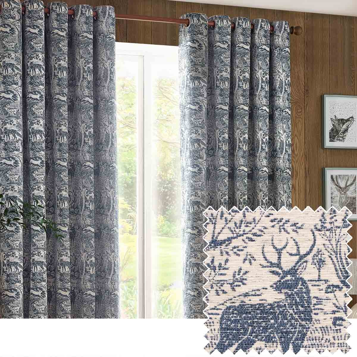 Midnight blue chenille eyelet curtains featuring a woodland animal design, measuring 168cm wide by 229cm drop, elegantly draping by a window.