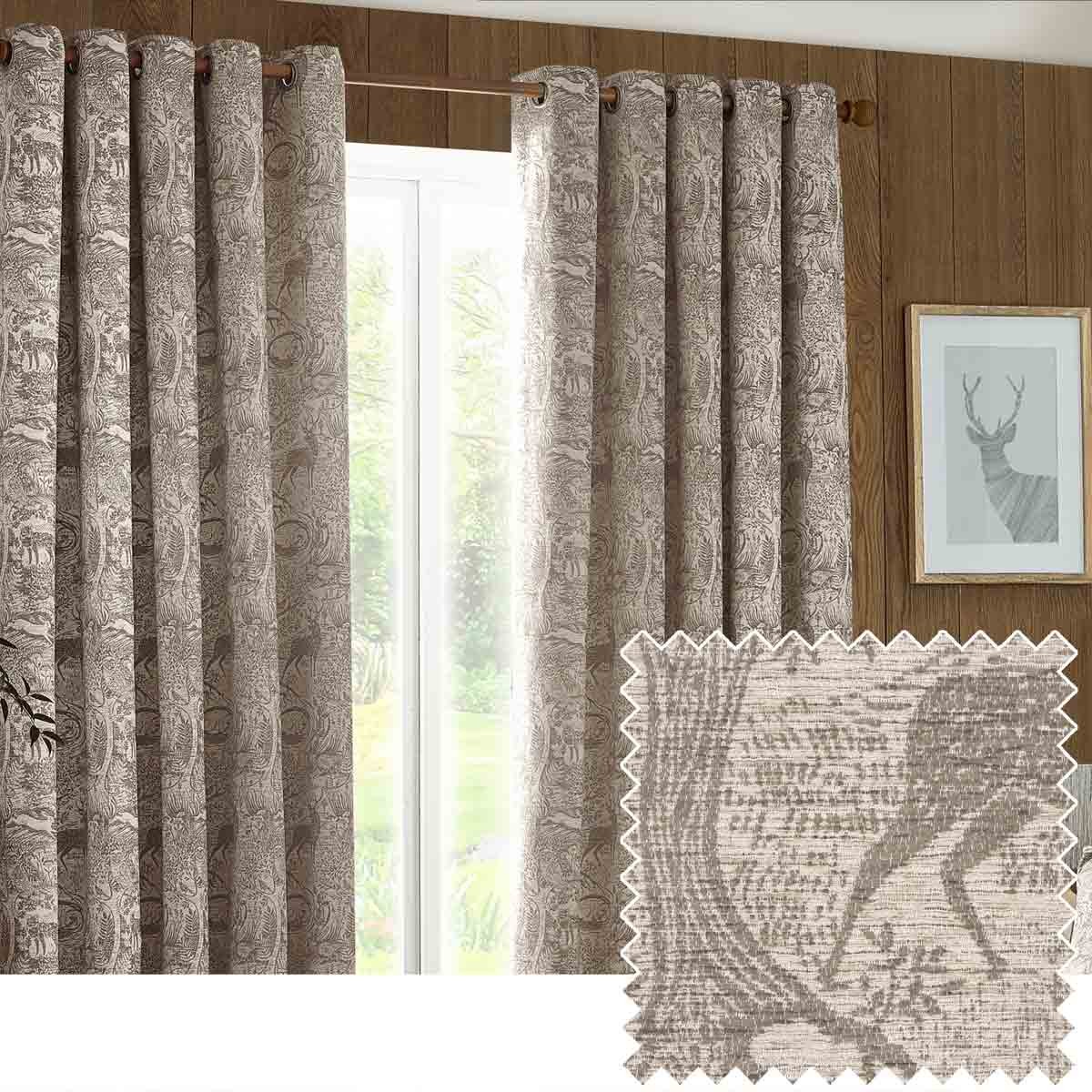 Taupe chenille eyelet curtains featuring a winter woods animal pattern, measuring 168cm wide by 137cm drop, elegantly draping in a cozy interior setting.