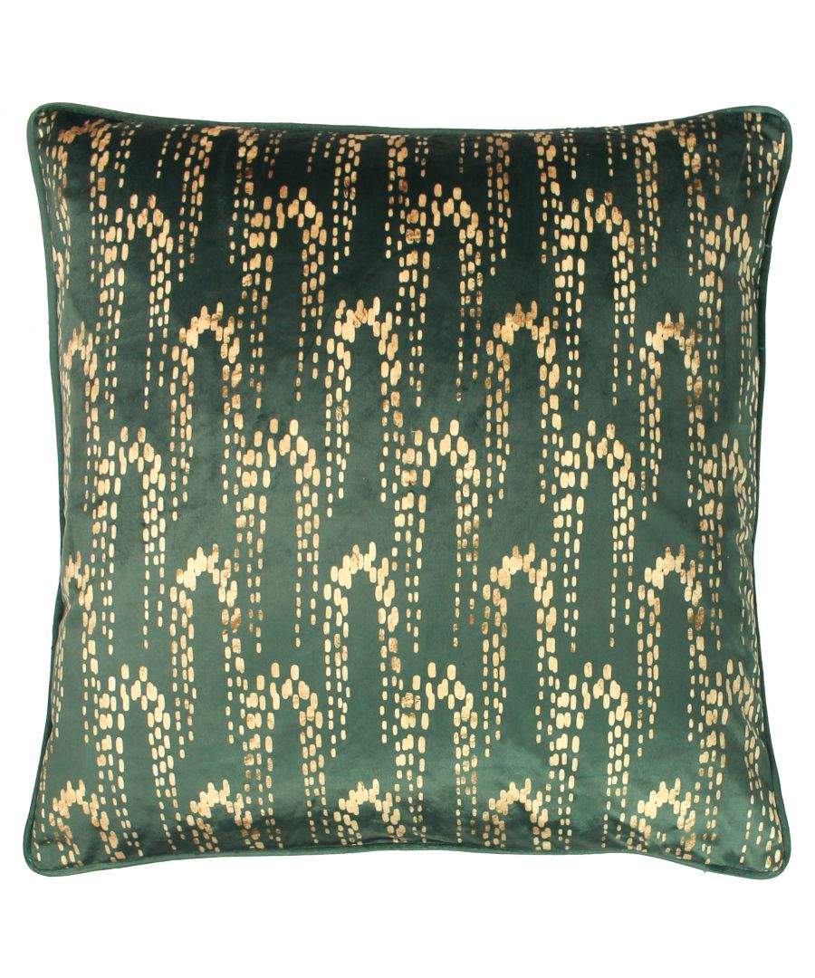 Emerald green cushion measuring 50 cm x 50 cm, featuring a decorative gold pattern of cascading dots on a soft, velvety fabric with piped edges.