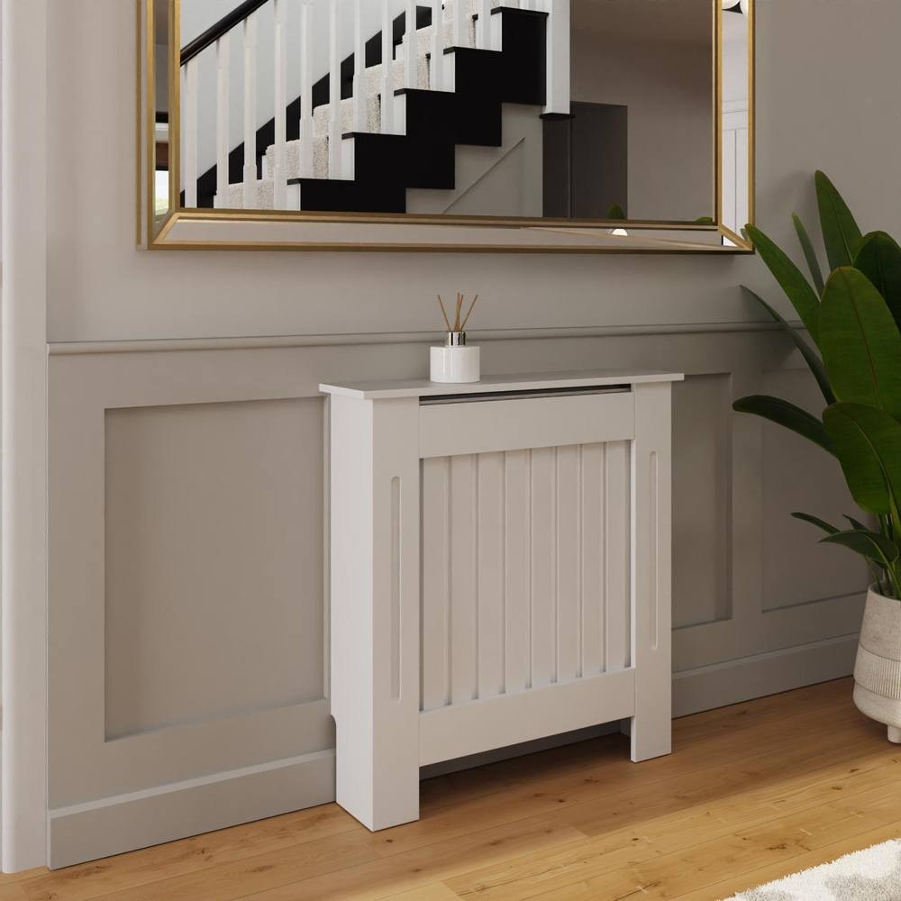 White vertical slat radiator cover with dimensions 82.3cm (H) x 78cm (W) x 19cm (D), featuring a sleek design that complements modern interiors, placed against a light wall.