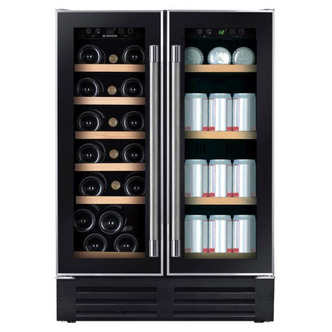 Black dual zone wine cooler with a 38 bottle capacity, featuring stainless steel handles, glass doors, and wooden shelves, displaying wine bottles on the left and cans on the right.