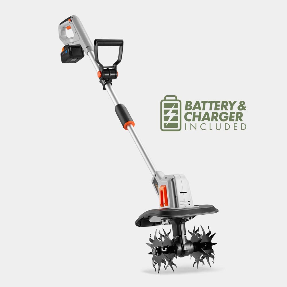Cordless garden tiller in silver and black, featuring a sturdy handle, sharp metal tines, and a battery compartment; includes battery and charger.