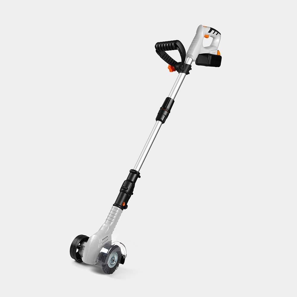 Grey electric weed sweeper with a long handle, ergonomic grip, and dual rotating brushes for efficient weed removal, designed for easy maneuverability in gardens.