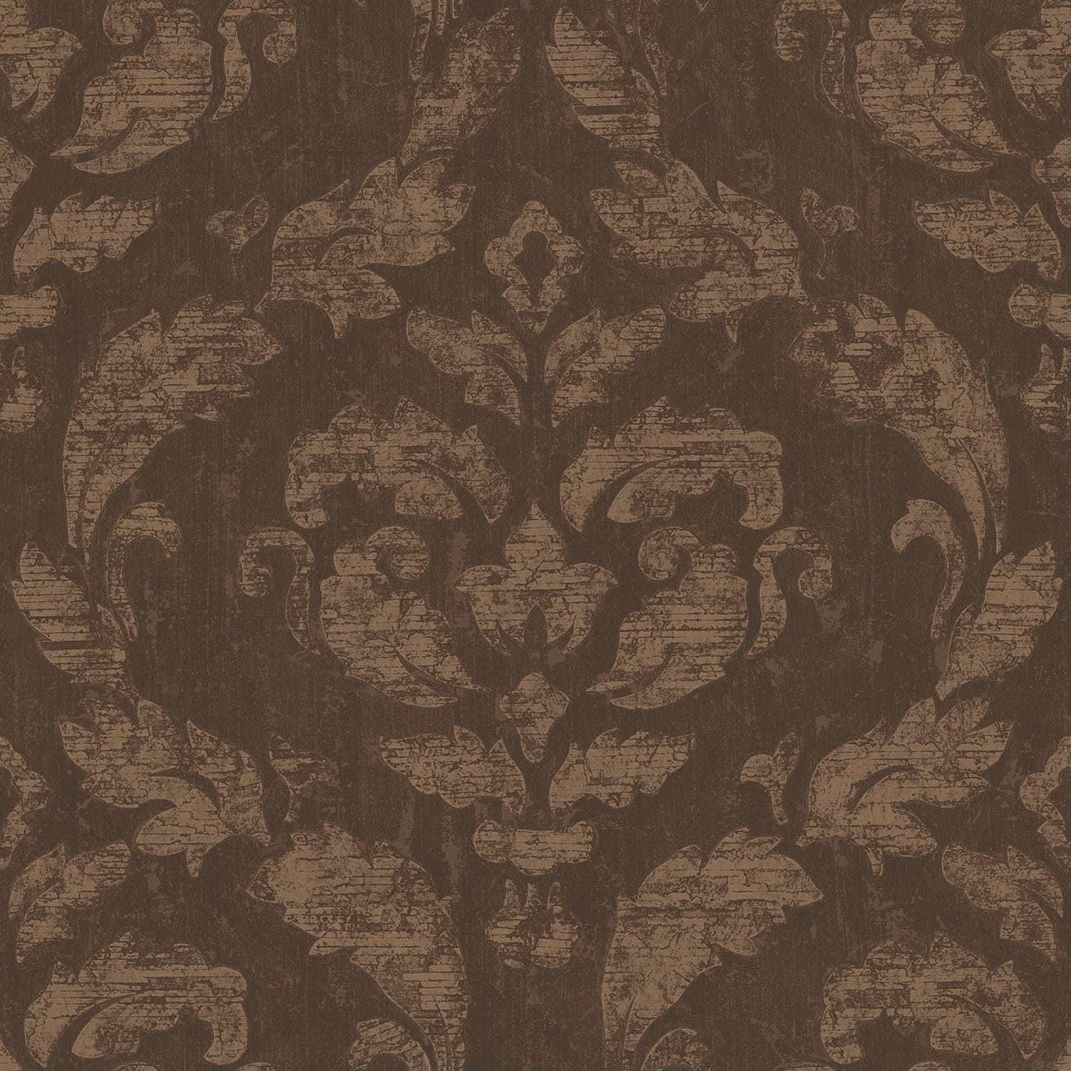 Rich brown wallpaper featuring an intricate damask design in a lighter brown hue, showcasing textured patterns and a classic, elegant style.