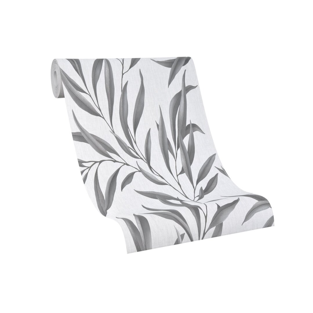 Silver grey wallpaper featuring a delicate tree leaf pattern in varying shades of grey on a light background, showcasing a soft, textured finish.