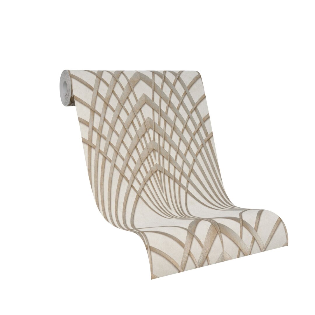 Beige Art Deco wallpaper featuring a cream background with intricate, curved geometric patterns in a lighter beige, showcasing a modern and elegant design.