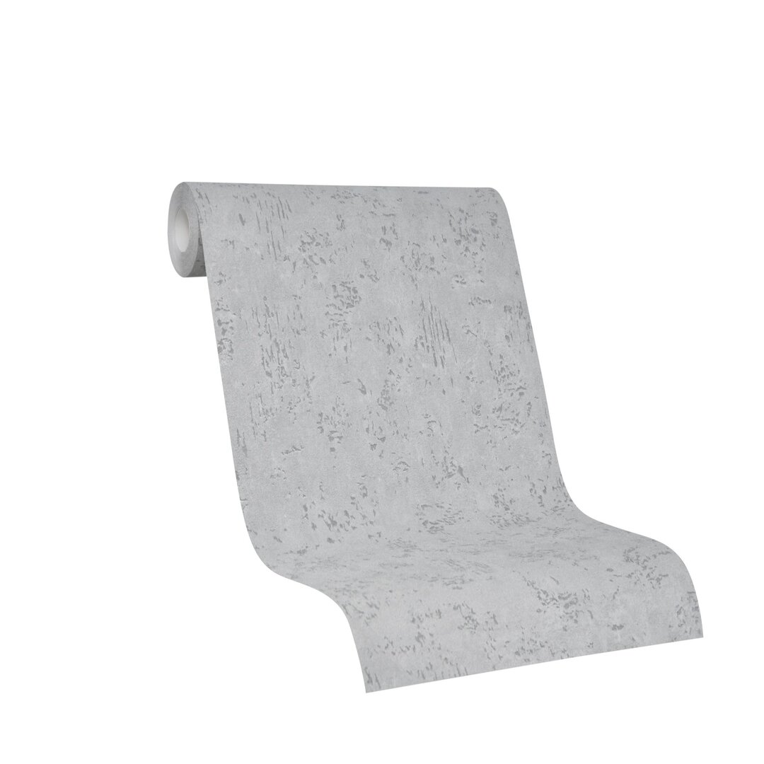 Light grey wallpaper roll featuring a textured concrete pattern, measuring 33 feet long by 21 inches wide, designed by Galerie Wallpaper.