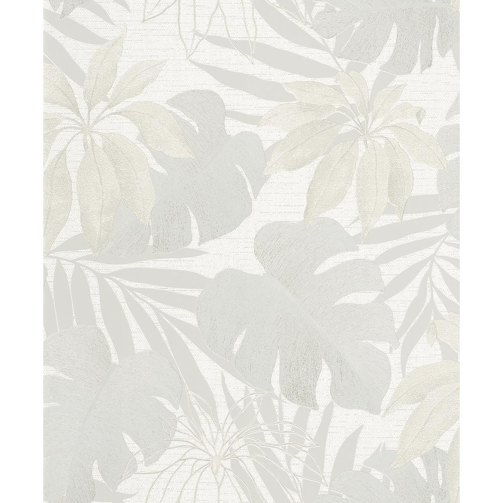 Tropical leaves wallpaper featuring large, textured foliage in soft shades of gray and cream on a light background, measuring 20.9 inches by 33 feet.