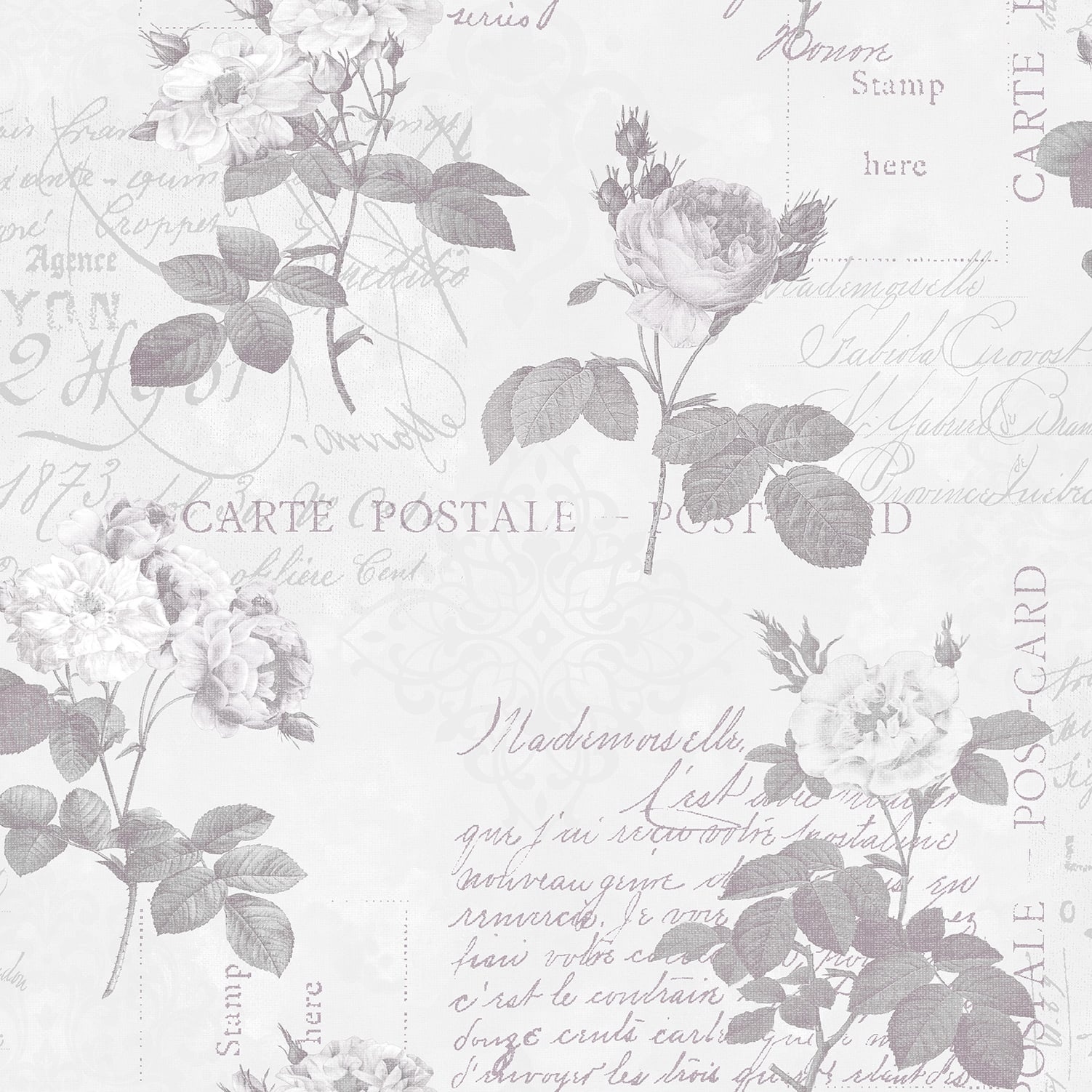 Vintage postcard wallpaper featuring soft silver and grey tones, adorned with delicate roses and intricate handwritten text, creating a charming, nostalgic aesthetic.