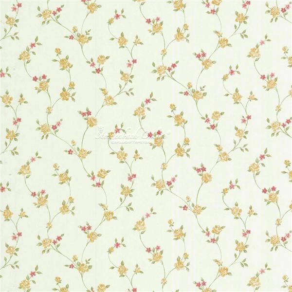 Delicate floral trail wallpaper featuring small yellow and gold flowers with pink accents on a soft cream background, ideal for adding a touch of elegance to any space.