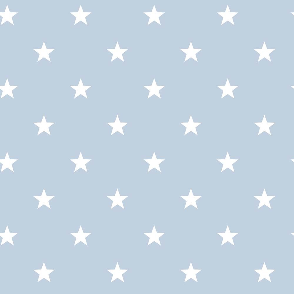 Light blue wallpaper roll featuring a geometric star design, with evenly spaced white stars, measuring 33 feet long and 21 inches wide, made by Galerie Wallpaper.