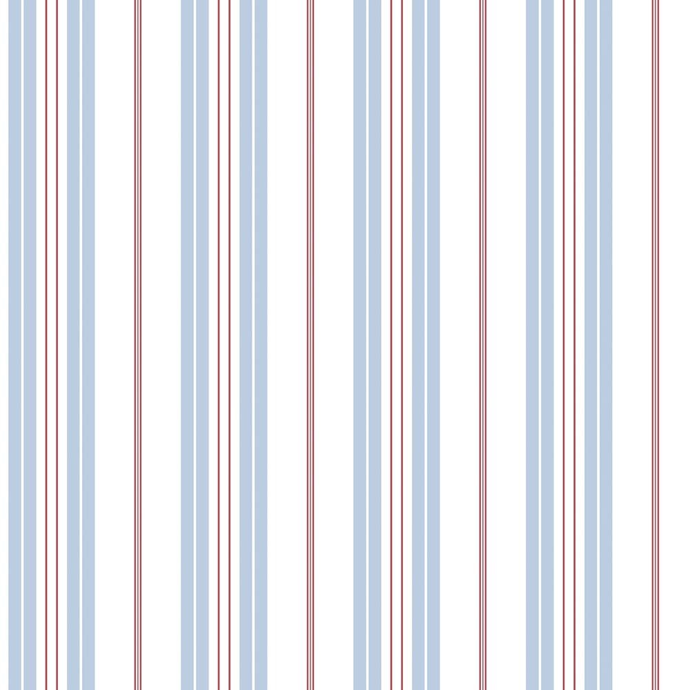 Two-color striped wallpaper featuring vertical light blue and white stripes with thin red lines, designed by Galerie Wallpaper.