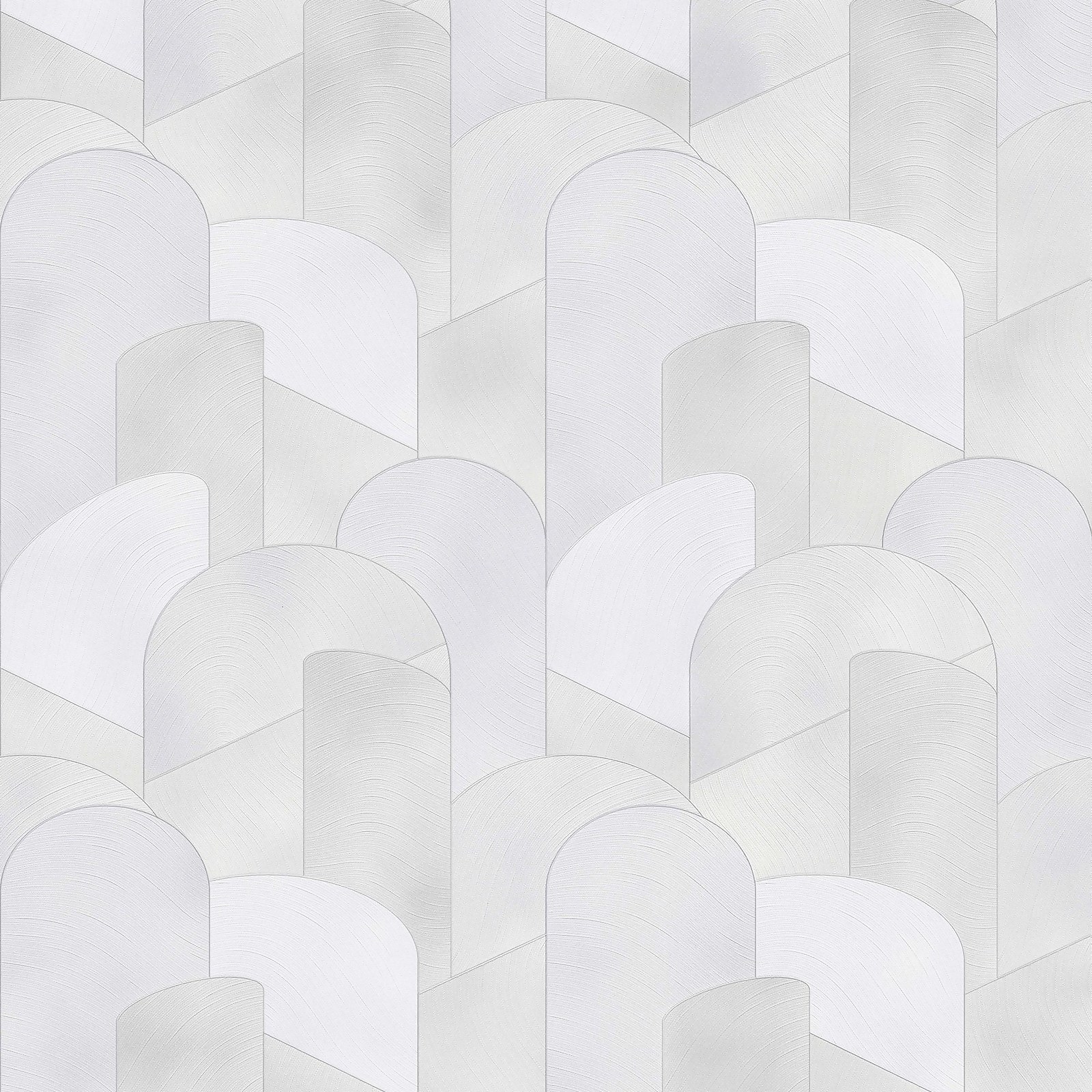 Geometric wallpaper featuring a 3D embossed design in shades of white and light gray, with a subtle shimmer effect, measuring 33' L x 21" W.