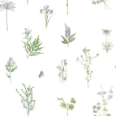 Botanical wallpaper featuring delicate illustrations of green leaves and purple flowers on a white background, evoking a serene, natural aesthetic.