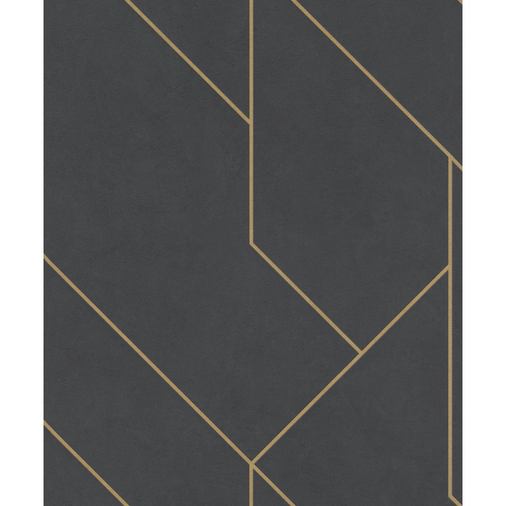 Black vinyl wallpaper featuring a geometric design with gilded gold lines, measuring 21 inches by 33 feet, ideal for modern decor.