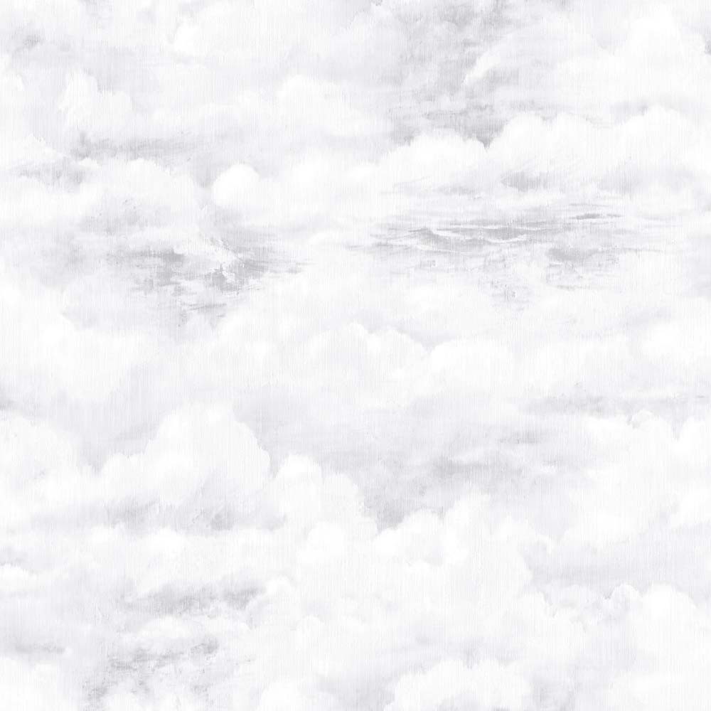 Sky Grey wallpaper featuring a soft, cloud-like pattern in various shades of grey and white, creating a serene and airy atmosphere, part of the Global Fusion Collection by Galerie Wallpaper.