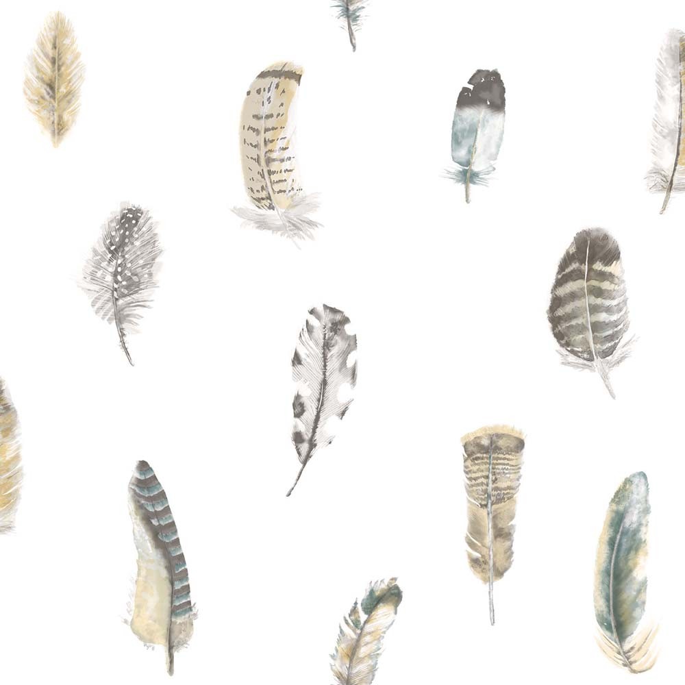Smooth wallpaper roll featuring a white background adorned with various watercolor feathers in shades of gray, brown, and blue, measuring 33' L x 21" W.