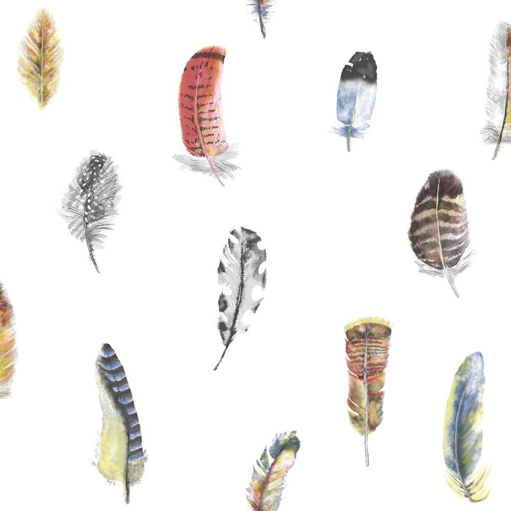 Multi-colored watercolor feathers in various shapes and sizes on a white background, showcasing intricate details and textures, part of the Global Fusion Collection by Galerie Wallpaper.