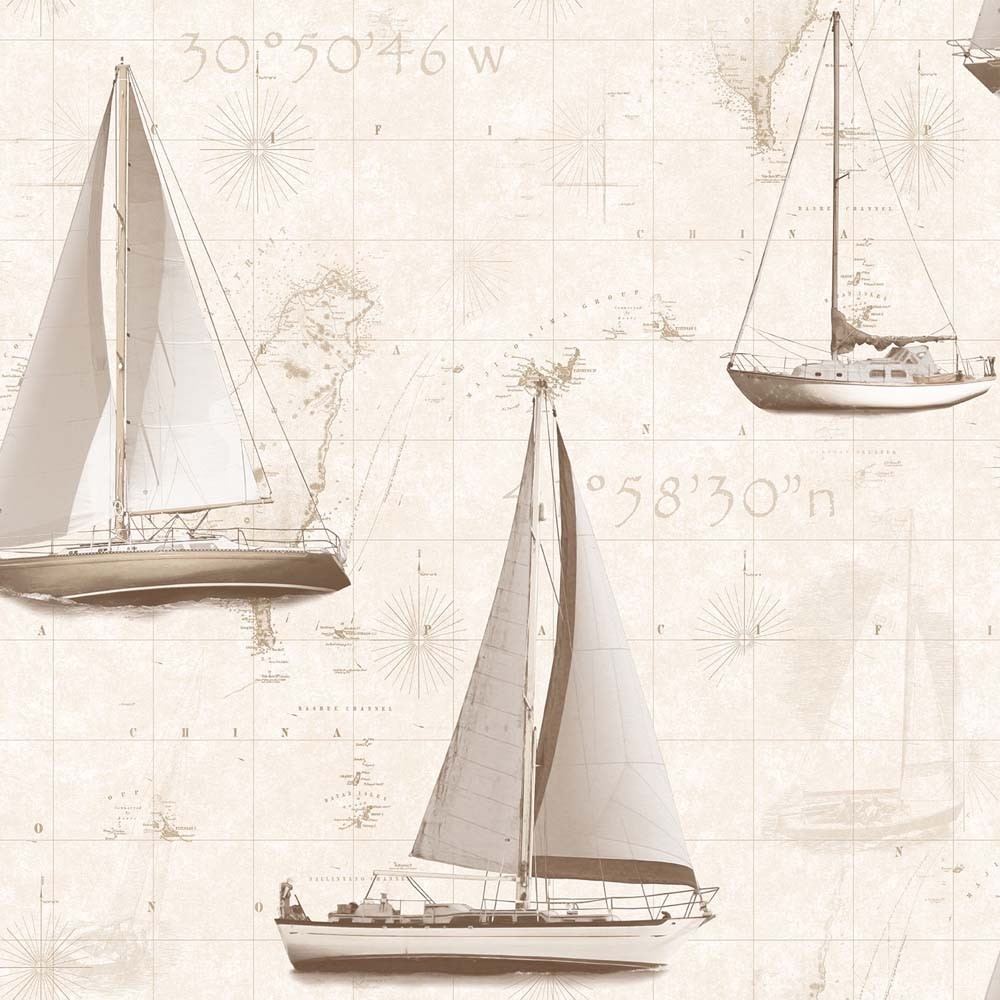 Smooth wallpaper featuring nautical yachts in soft beige tones, with detailed illustrations of sailboats and a subtle map background, measuring 33' L x 21" W.