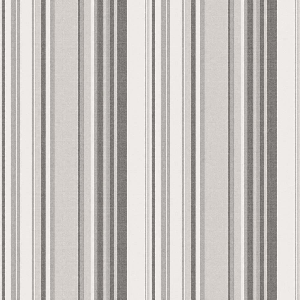 Smooth wallpaper roll featuring a multi-stripe design in shades of gray and cream, measuring 32.8 feet long and 21 inches wide, ideal for modern decor.
