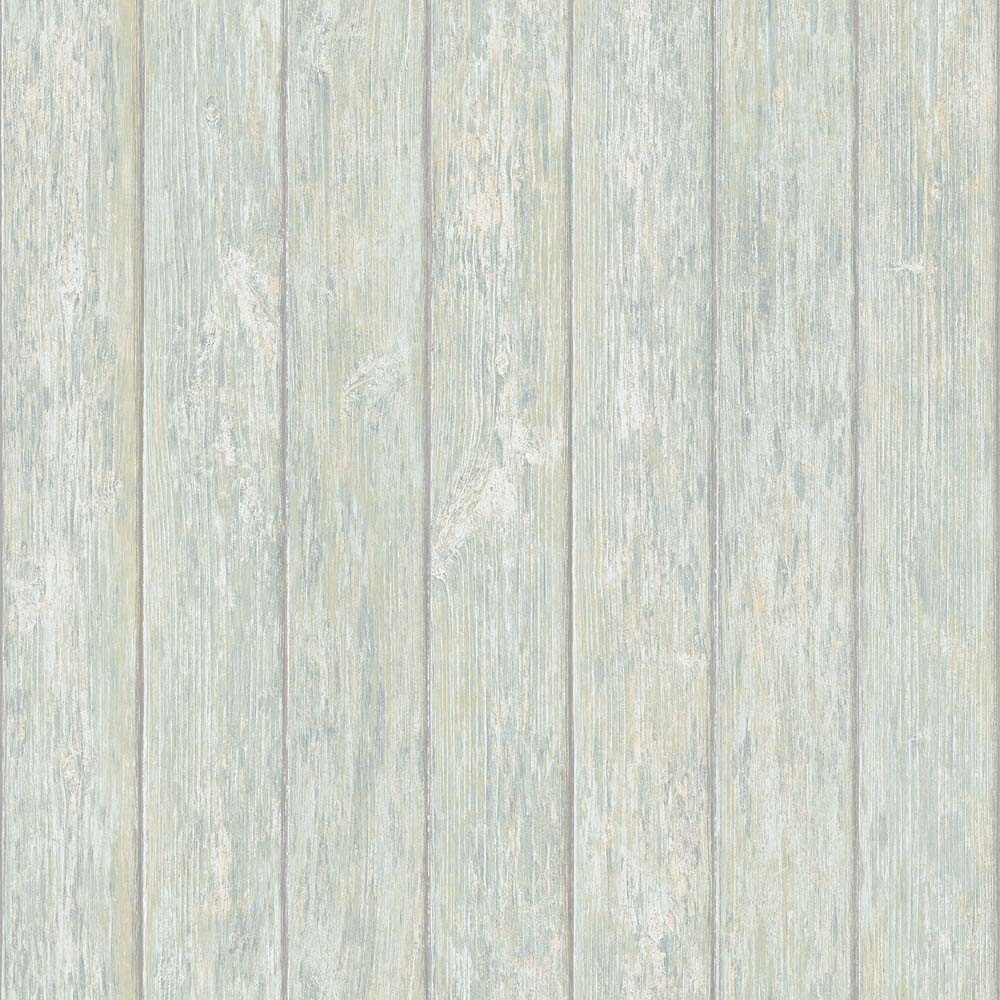 Lightly distressed wood paneling effect wallpaper in soft gray tones, featuring vertical planks with subtle texture, measuring 32.8 feet long by 21 inches wide.