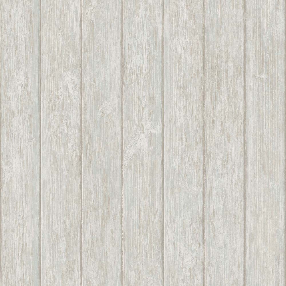 Light-colored wood paneling effect wallpaper featuring a textured, weathered finish with vertical planks, measuring 32.8 feet long and 21 inches wide.