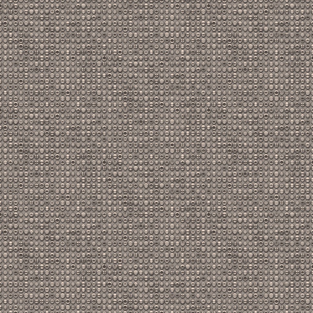 Grunge metallic wallpaper featuring a textured design of small nuts and bolts in shades of gray and silver, measuring 33 feet long by 21 inches wide.