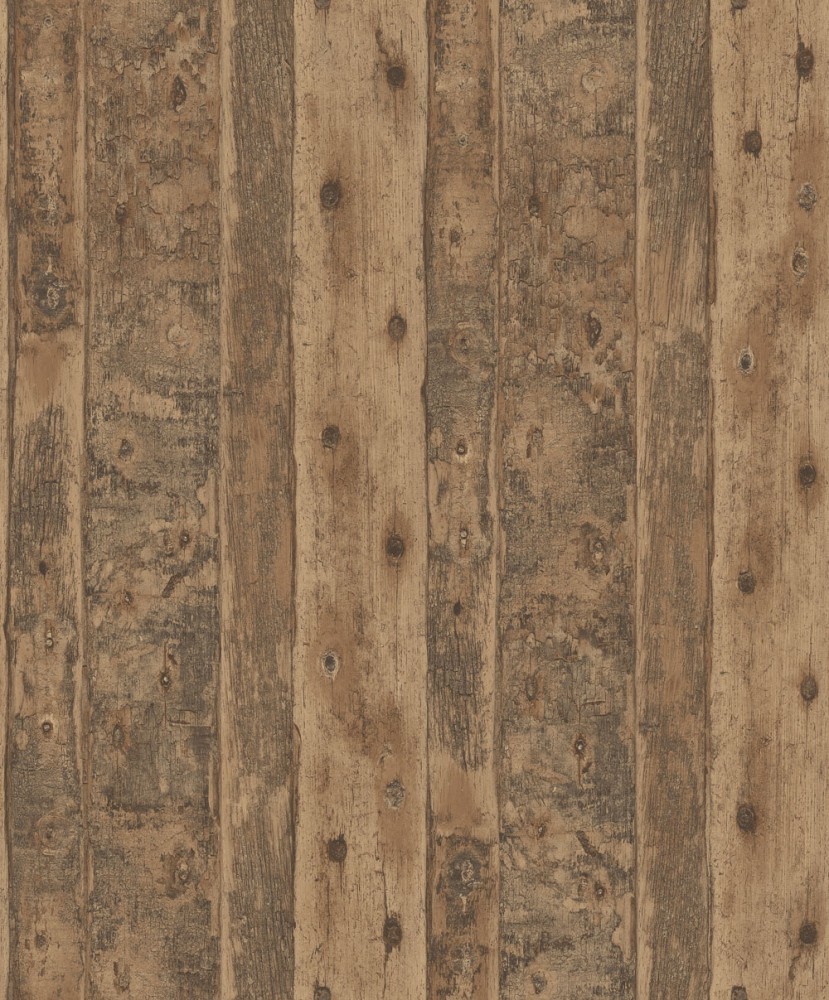 Brown wood wallpaper featuring a grunge design with textured planks, visible knots, and a rustic finish, ideal for adding warmth and character to any space.