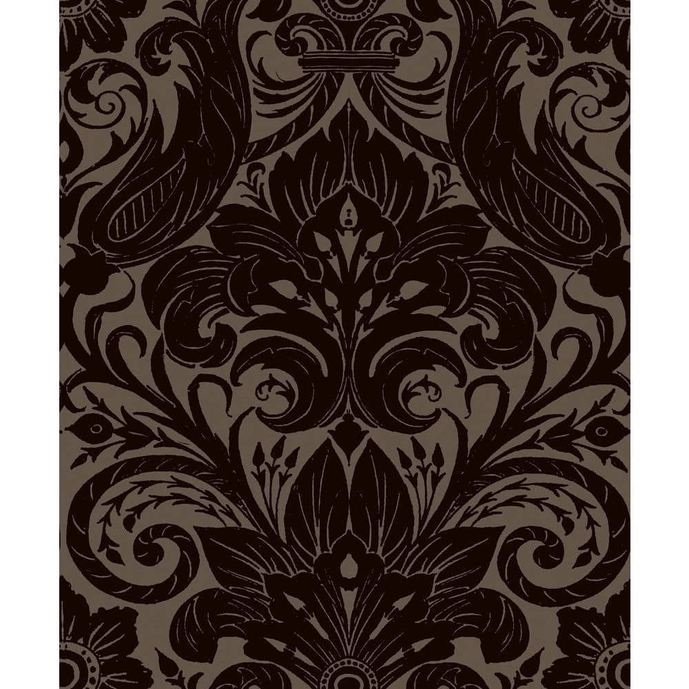 Bronze brown flock damask wallpaper featuring intricate floral and scroll patterns, creating a rich, textured design suitable for elegant interiors.