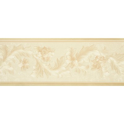 Traditional floral design wallpaper border in soft beige and cream tones, featuring intricate flower patterns and elegant leaf motifs, measuring 33' L x 7" W.