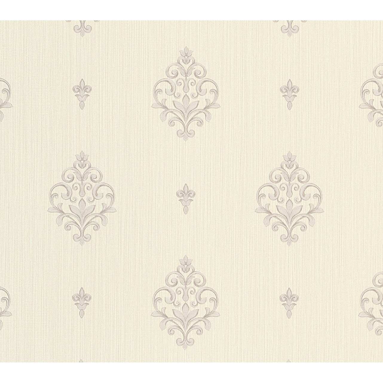 Cream wallpaper featuring a subtle textured background with elegant grey fleur-de-lis medallion designs, measuring 33 feet long by 21 inches wide.