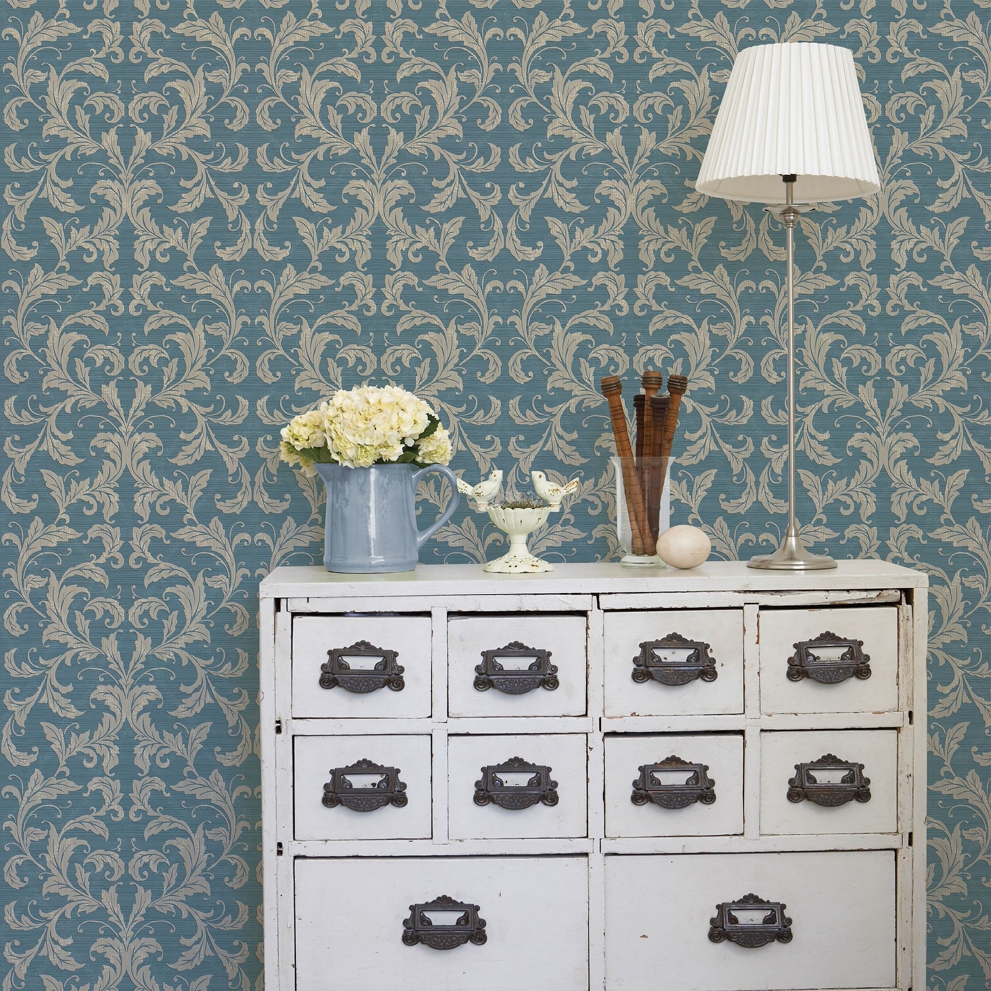Galerie Nordic Elements Leaf Damask Blue Wallpaper - image 2