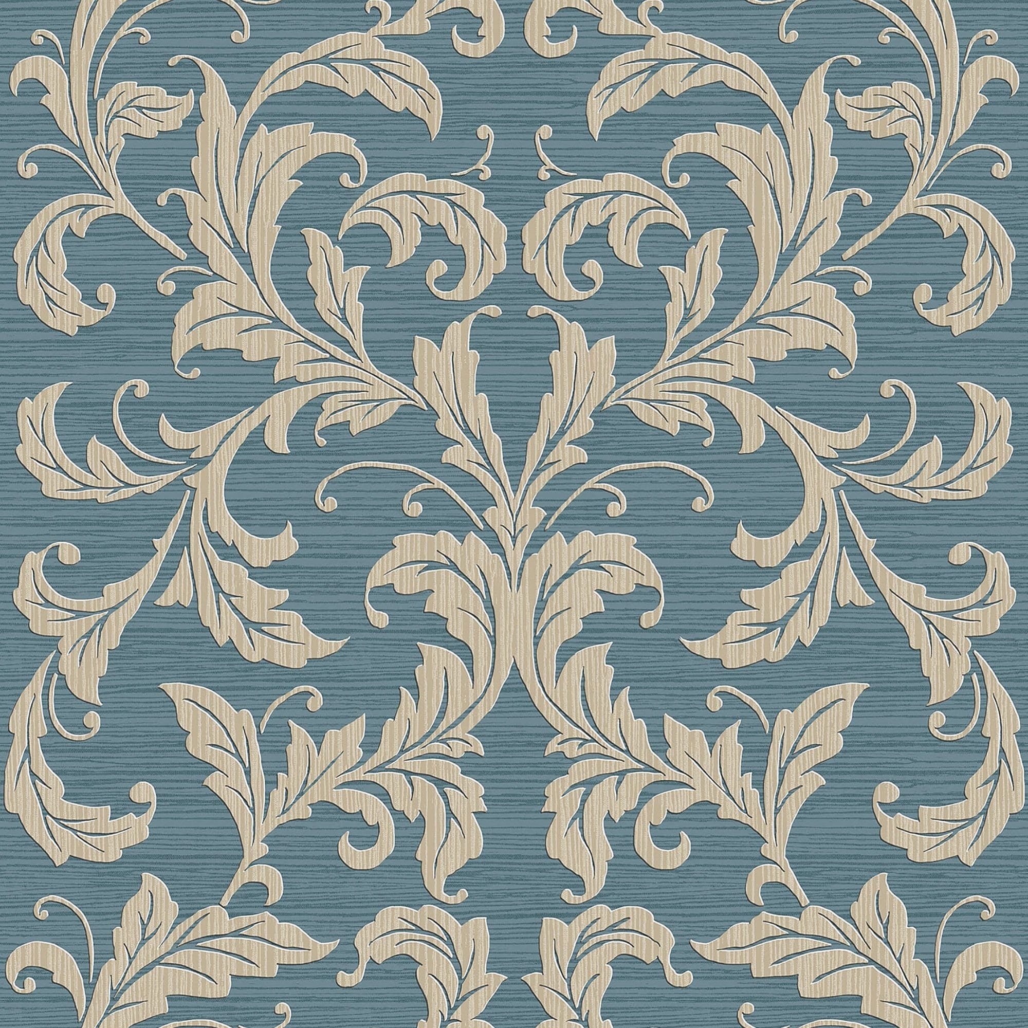 Damask blue wallpaper featuring intricate cream floral patterns on a textured blue background, showcasing a classic and elegant design.