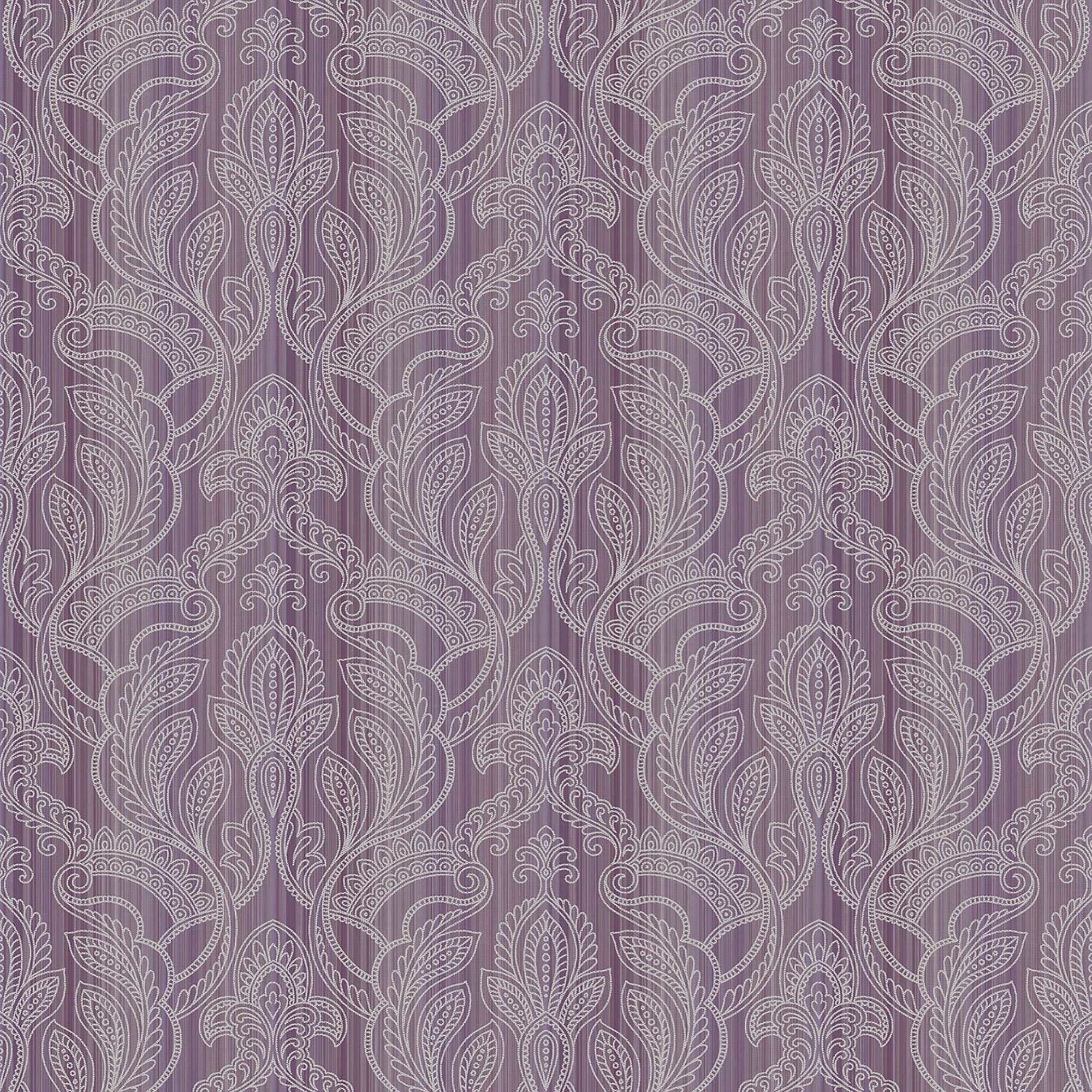 Purple lilac wallpaper featuring an intricate damask pattern with floral motifs and delicate linework on a striped background.