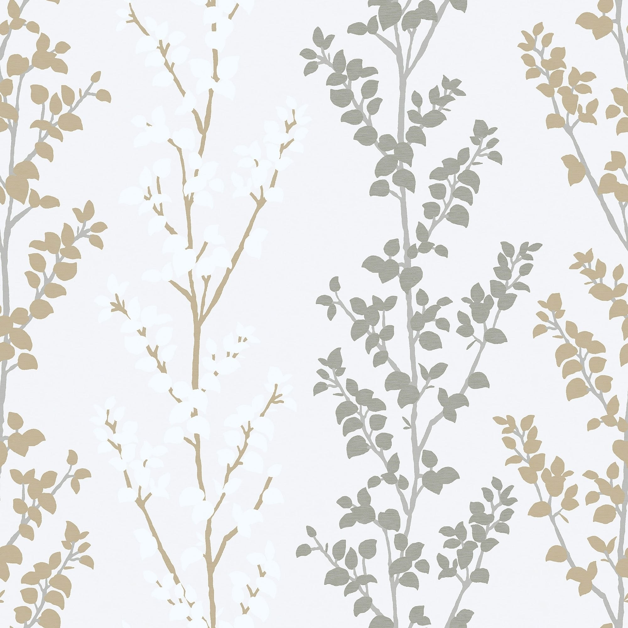 Floral silver grey wallpaper featuring delicate branches in shades of silver, grey, and beige against a light white background, creating a soft, elegant design.