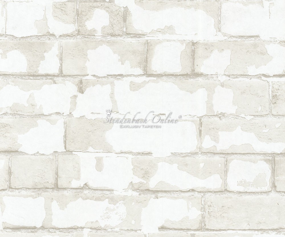 Nostalgie Steampunk wallpaper featuring a brick effect in soft white and light gray tones, with a distressed texture for a vintage look, measuring 33 feet long by 21 inches wide.