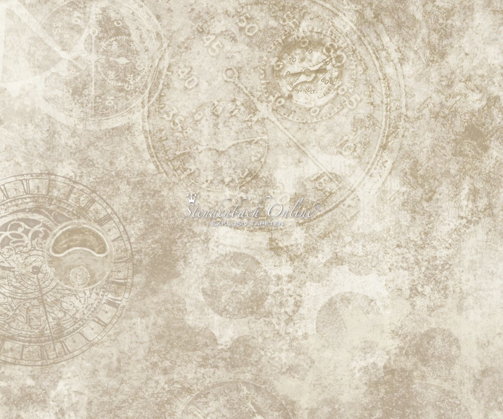 Smooth wallpaper roll featuring a vintage design with muted beige tones, intricate clock and gauge motifs, and a textured finish, measuring 32.8 feet long by 21 inches wide.