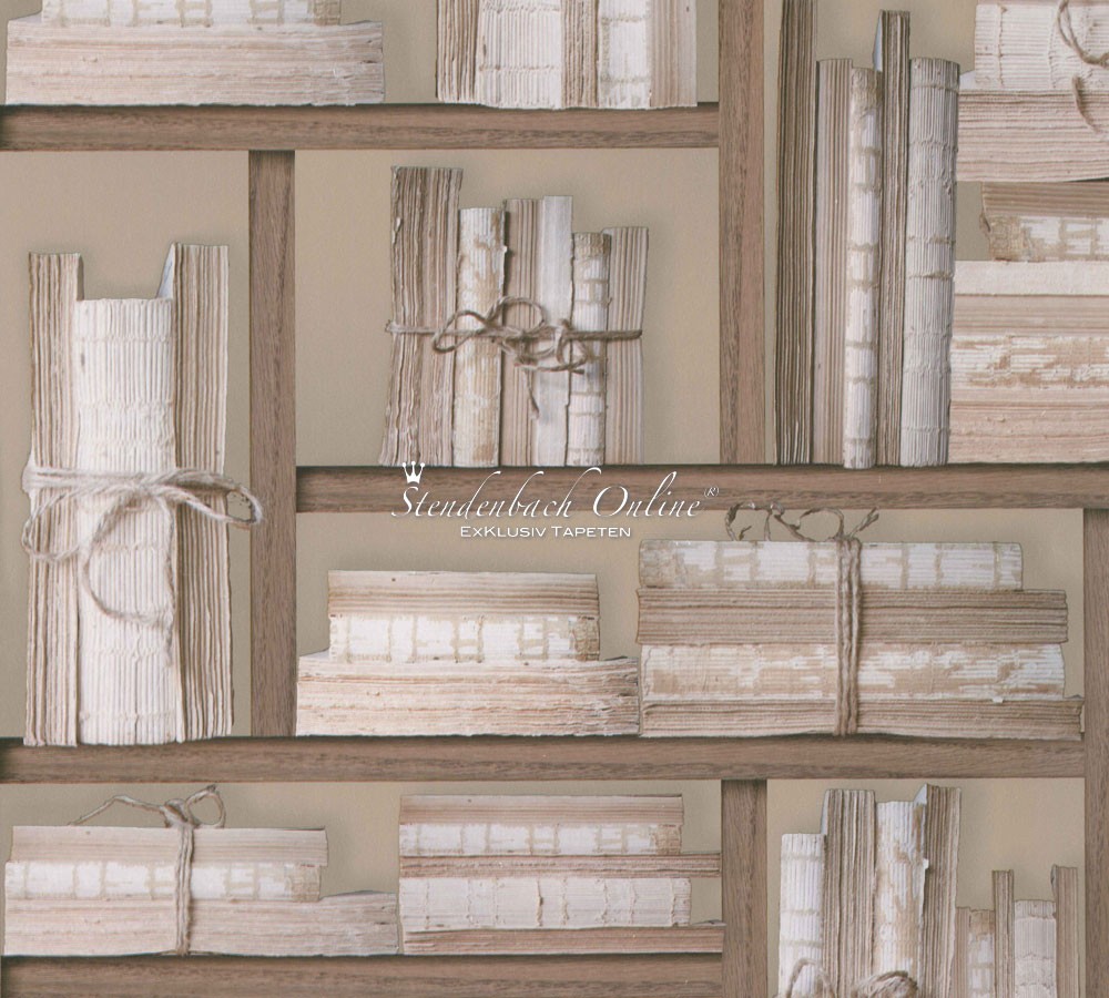 Natural wallpaper featuring a bookshelf design with textured, neutral-toned books tied with twine, set against a soft beige background.