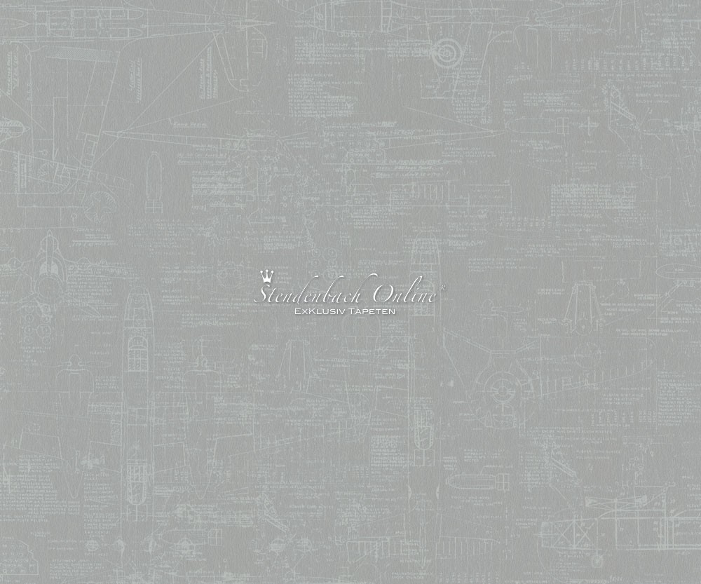 Light gray wallpaper featuring intricate steampunk blueprint designs, showcasing technical drawings and notes in white, creating a vintage, industrial aesthetic.