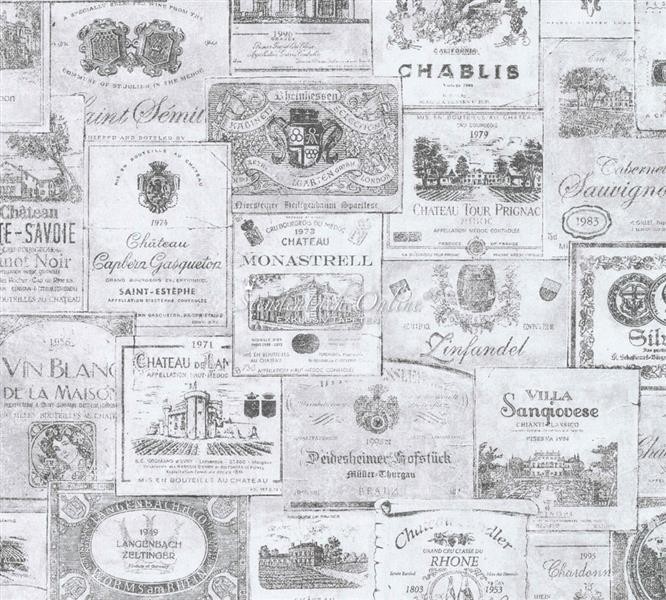 Vintage-style wallpaper featuring a collage of wine labels in black and white, showcasing intricate designs and text from various wine regions and vintages.
