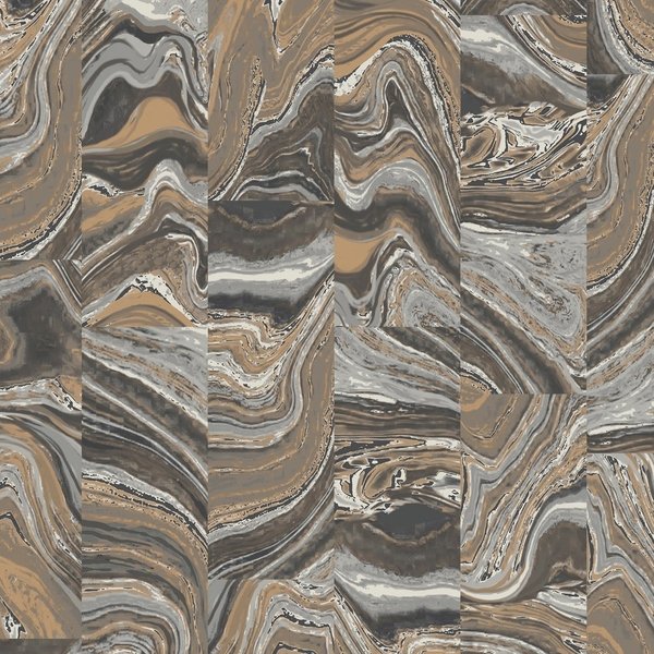 Vinyl roll featuring agate tile design in shades of gray, beige, and gold, with a glossy finish, suitable for covering 55 sq. ft. and easily strippable.